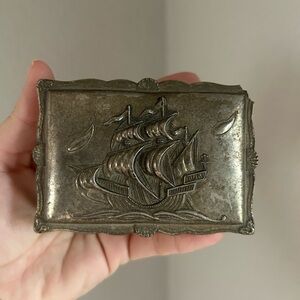 Vintage Silver colored Hinged Trinket Box Red Lined Ship Boat Made in Japan